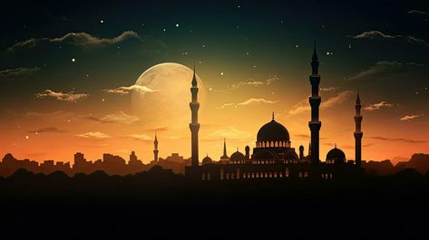 Islamic Cover Photo, Islamic Photos Beautiful, Islamic Night, Islamic Mosque, Moon In The Sky, Childhood Photography, Sky Moon, Beautiful Moon, Landscape Wallpaper