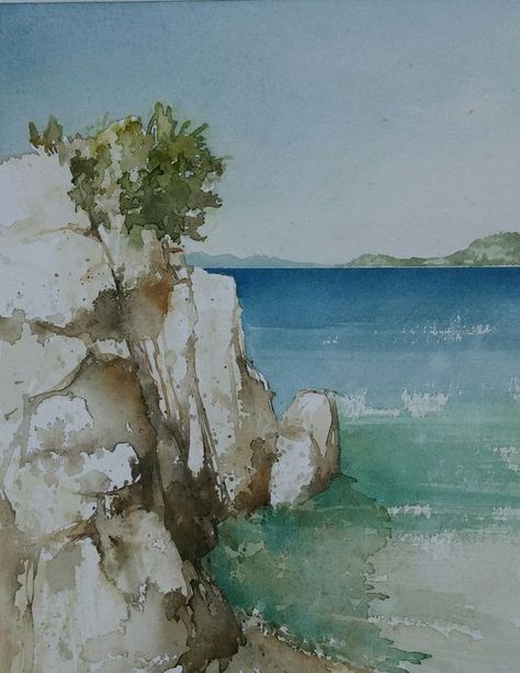 Watercolour Cliffs, Watercolor Art Landscape, Watercolour Landscape, Contemporary Watercolor, Watercolor Paintings For Beginners, Watercolor Pictures, Watercolor Ocean, Diy Watercolor Painting, Watercolour Inspiration