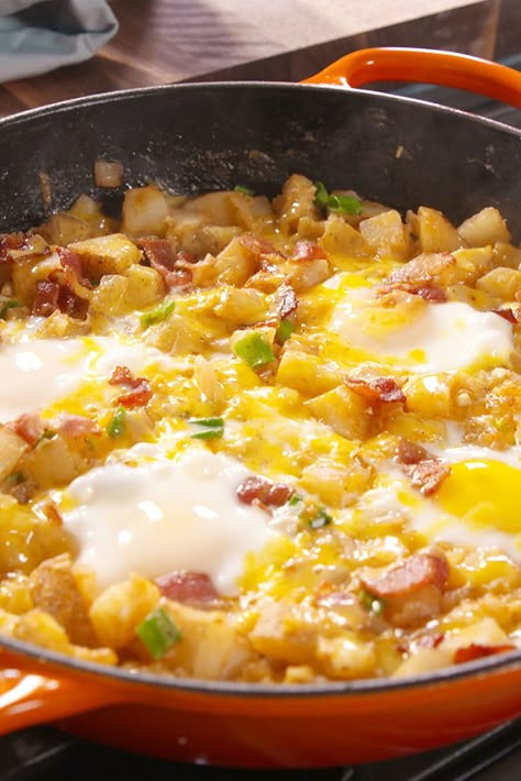 Loaded Breakfast Skillet Will Save You From Even The Most Brutal Hangover  - Delish.com Breakfast Scramble Skillet, Loaded Scrambled Eggs, Breakfast Skillet Recipes, Potato Breakfast Recipes, Electric Skillet, Egg Bake, Breakfast Skillet, Skillet Recipes, Breakfast Recipes Casserole