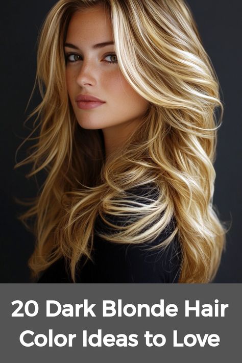 Dark blonde hair color is a beautiful base for adding creative touches, from soft highlights to bold accents. Caramel highlights offer warmth and a glowing, sun-kissed look, while ash brown highlights can add a sophisticated, cool tone. Try a balayage effect for seamless blending or opt for foiled highlights for added structure. Either way, these styles ensure your dark blonde hair has dimension and stays trendy and polished, adding elegance to your look throughout the year. Carmel Hair Color With Highlights Blond, Light Blonde Hair With Brown Lowlights, Sun Kissed Balayage Blonde, Golden Hair With Blonde Highlights, Dark Blonde With Caramel Highlights, Blonde Highlights With Lowlights Caramel, Blonde Hair 2025 Trends, Golden Blonde Highlights On Dark Hair, Long Brown Hair With Blonde Highlights