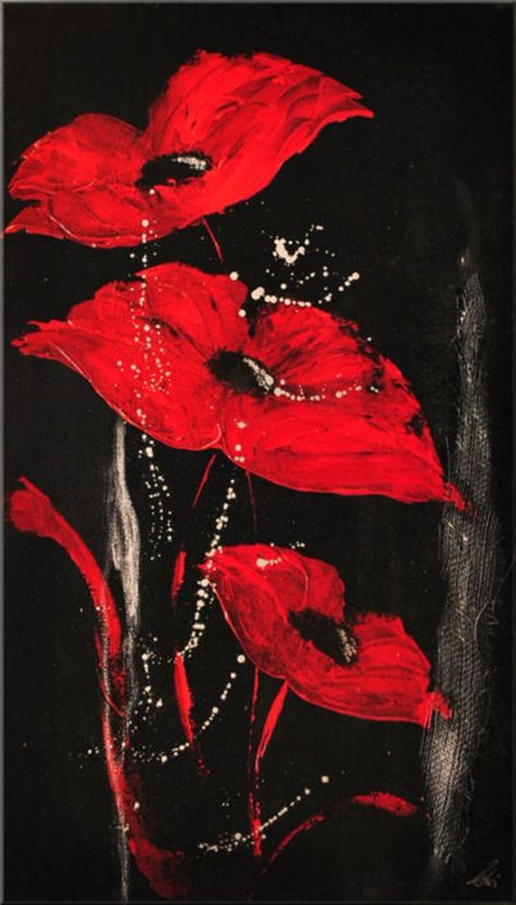 Oil Painting On Black Canvas, Grey Paintings Canvas, Flowers On Black Background Painting, Black Canvas Art Acrylics, Red And Black Paintings, Black Canvas Art Ideas, Flowers On Black Canvas, Black Red Painting, Painting With Black Background