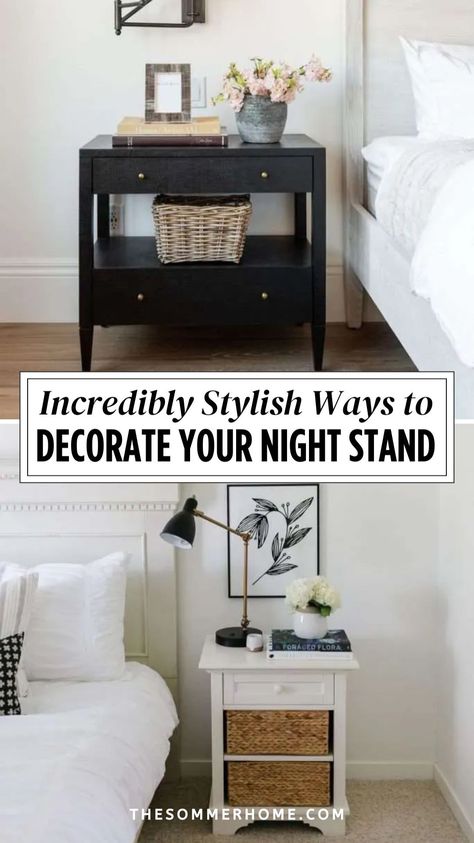 Elevate your Bedroom Furniture by styling your Nightstand with these expert Home Decor tips. From choosing the perfect lamp to incorporating decorative trays and books, this guide shares creative ideas for making your nightstand a functional and beautiful part of your bedroom. Discover how to create a balanced look that complements your space. Layering Decor, Bedside Table Decor Ideas, Nightstand Bedroom, Bedside Table Decor, Living Room Storage Cabinet, Statement Lamp, Bedroom Nightstand, Nightstand Decor, Bedroom Design Inspiration