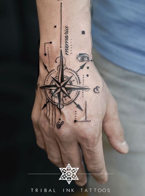 Eye of compass Upper Hand Tattoo Men, Back Hand Tattoo Men, Man Hand Tattoo Ideas, Hand And Forearm Tattoo For Men, Men’s Hand Tattoo Ideas, Tatoos Men Hand Ideas, Hand Compass Tattoo, Compass Hand Tattoo, Concept Tattoo Ideas