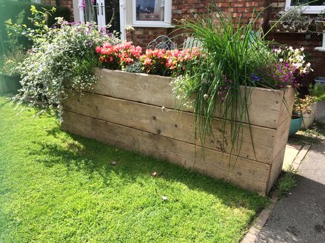 Decking Board Planters, Scaffold Board Planters, Veg Planters, Long Planter Boxes, Small Garden Layout, Outside Planters, Long Planter, Mediterranean Garden Design, Garden Retaining Wall