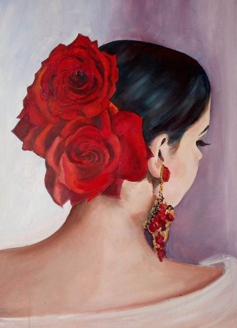 Woman With Flowers, Roses, Flowers, Red, Hair