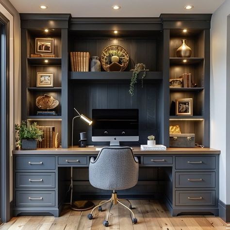 Home Office Built Ins With Desk Around Window, Office Bookshelves With Desk, Office Built Ins 2 Desks, Bookshelves With Desk Built In, Built In Desk Bookcase, Built In For Office, Desk With Built In Bookshelves, Built In Bookcase And Desk, Mens Home Office Inspiration