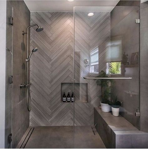 Tile Shower Walls Ideas, Chevron Tile Bathroom Shower Walls, Herringbone Shower Accent Wall, Chevron Tile Shower Wall, Gray Herringbone Shower Tile, Wood Tile Shower Wall, Chevron Shower Tile, Modern Tile Bathroom, Chevron Bathroom Tile