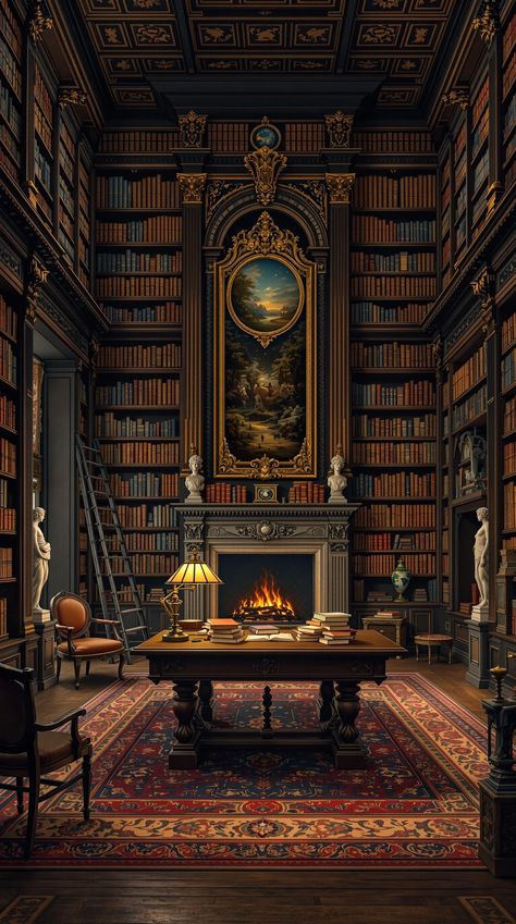 Dark Academia Decor Floor To Ceiling Bookshelves, Rolling Ladder, Moody Colors, Warm Fireplace, Academia Decor, Mahogany Furniture, Dark Academia Decor, Cultural Festival, Leisure Arts