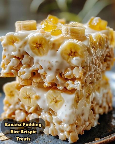 Daily Recipes and Tips 😋 The Original | 🍌🍯 Banana Pudding Rice Krispie Treats 🍯🍌 | Facebook Pudding Rice, Rice Krispies Cereal, Instant Banana Pudding, Homemade Banana Pudding, Krispy Treats, Lemon Dessert Recipes, Rice Krispy, Daily Recipes, Rice Krispie Treats