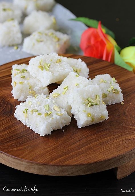 coconut burfi recipe – Traditionally burfi was made of milk and sugar, but there are also many versions made without using milk. This coconut burfi is one of them and is made using just 4 ingredients. This is a quick recipe and can be made under 15 minutes if we have grated coconut in hand. … Nariyal Barfi, Barfi Sweet, Coconut Burfi Recipe, Coconut Barfi Recipe, Coconut Barfi, Coconut Burfi, Barfi Recipe, Burfi Recipe, Diwali Food