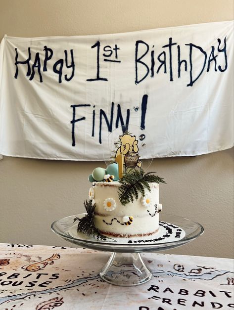 Hundred Acre Wood Cake, Vintage Pooh Birthday, 100 Acre Woods Party First Birthdays, Winnie The Pooh Third Birthday, Pooh Bear Birthday Cake, Winnie The Pooh Boy Birthday, Pooh Bear 1st Birthday Boy, Winnie The Pooh First Birthday Cake, One Hundred Acre Wood Birthday