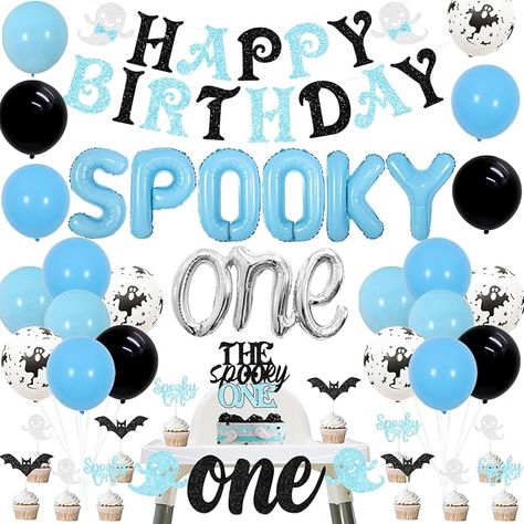 Amazon.com: Halloween 1st Birthday Party Decorations Boy Blue, The Spooky One Birthday Decorations, Spooky One High Chair Banner Foil Balloons Halloween Happy Birthday Banner for Boy Halloween Birthday Party : Toys & Games Boy Halloween Birthday Party, Ghost Theme Party, Halloween 1st Birthday Party, The Spooky One, Halloween Happy Birthday, Halloween Birthday Decorations, Spooky Balloons, Spooky One Birthday, Halloween 1st Birthdays