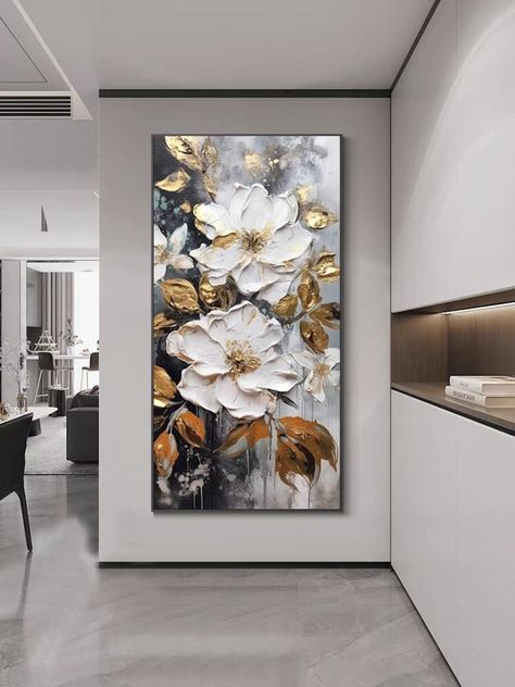 Large White and Gold Flowers Painting, 3D Textured Modern Floral Wall Art, Abstract Oversized Nature Palette Knife Painting on Canvas - Etsy Australia Large Art Work, Canvas On Wall, Modern Flower Painting, Canvas Wall Art Ideas, White And Gold Flowers, Nature Palette, Bild Gold, Seaside Wall Art, Floral Art Paintings