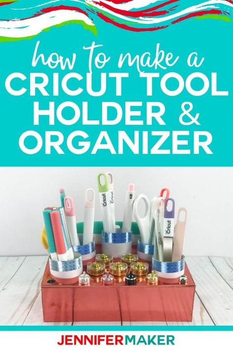 Learn how to make your own Cricut tool holder from either chipboard (on the Maker) or layers of Kraft board (on the Explore) to hold all of your blades, housings, scrapers, and long tools! Free SVG cut file and tutorial is available to help you with this project.    #cricut #cricutmade #cricutmaker #cricutexplore #svg #svgfile Tool Organizer Diy, Cricut Business, Jennifer Maker, Cricut Help, Cricut Explore Projects, Tool Bench, Cricut Images, Maker Project, Work Diy