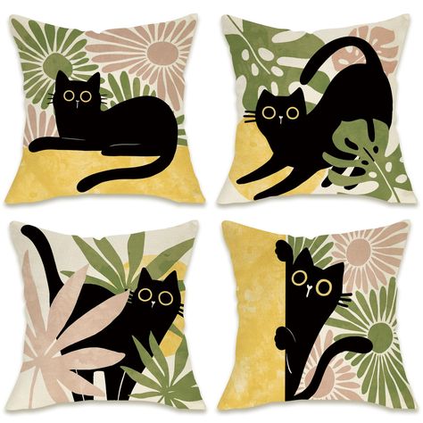 PRICES MAY VARY. Cotton Linen Attractive Design: This boho themed series of pillowcase is designed with black kitty, palm leaves patterns. They are very suitable for decorating the inside of your room in the spring, summer. and also perfect for decorating outside the house such as courtyard porches Cotton Linen Material: These 4 PCS unique throw pillow cases are made of high-quality cotton and linen material which are soft and skin-friendly, sturdy and stylish. And when stuffed into the pillow c Cat Decorations, Cat Cottage, Cat Pillows, Black Cat Pillow, Porch Outdoor, Cat Pillow Cover, Atomic Cat, Minimalist Modern Art, Cat Things