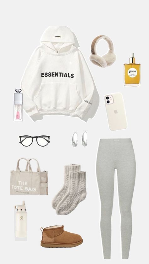 Cozy Winter Outfits For School, Essentials Hoodie Outfit, Gisou Hair Oil, Gisou Hair, Dior Lip Oil, Dior Lip, Comfy Outfits Winter, Winter Outfits For School, Essentials Hoodie