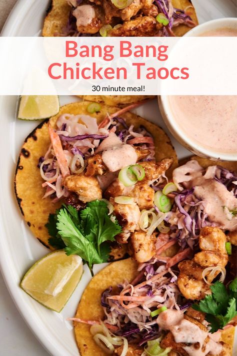 Chicken Taco With Slaw, Chicken Tacos With Cabbage Slaw, Bang Bang Chicken Tacos, Crunchy Chicken Tacos, Cabbage Tacos, Fried Chicken Taco, Grilled Chicken Tacos, Bang Bang Chicken, Red Cabbage Slaw