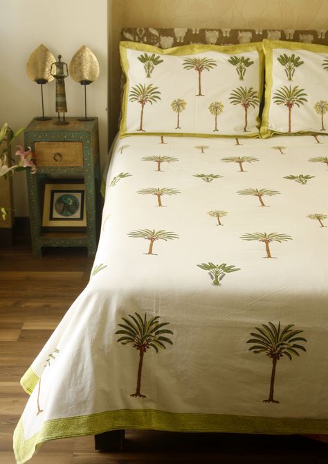 Jade Lime Tropical Dream Bed Sheet  Vivid Greens and Browns come together to make a tropical dream bed sheet. Unconventional block print on white ground, independent motifs and a piquant border are proofs to the evolution of an ancient craft. Bedsheet Photoshoot Photo Ideas, Bed Sheet Photoshoot, Bedsheet Photoshoot, Block Print Bedsheet, Bed Sheet Painting Design, Printed Bedsheets, Bedroom Comforter Sets, India Decor, Indian Bedroom