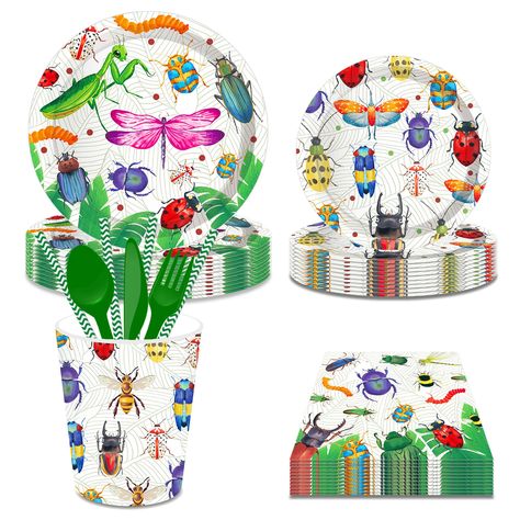 PRICES MAY VARY. 【Insects Party Supplies Serves 16】Adorable matching tableware can serve 16 guests, package includes 16 x 9 inch plates, 16 x 7 inch plates, 20 pcs napkins, 16 pcs cups, 16 knives, forks and spoons, a total of 116, which will add fun to any insect theme party. 【Insects Party】All the dishes like plates, cups, napkins have an insects background with lots of insects pattern and the red cutlery set match with that, lots of insects elements on plates and napkins. This super value Inse Bug Birthday Party, Bug Party, Insects Theme, Party Napkins, Party Cups, Party Paper, Party Plates, Party Tableware, Disposable Tableware