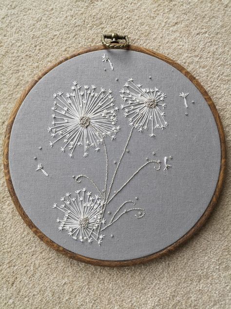 White Dandelion Embroidery, Dandelion Flower Embroidery, Dandelion Decor, Dandelion Embroidery, Make A Wish Dandelion, Handkerchief Embroidery, Wish Dandelion, White Dandelion, Diy Embroidery Designs