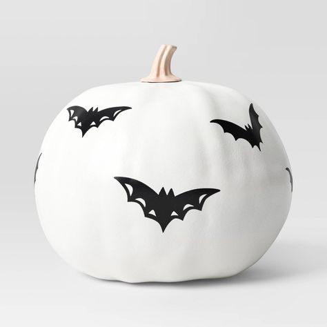 Add an artistic effect to your seasonal decor with the 7-Inch Foam Painted Pumpkin with Bats Halloween Decorative Sculpture from Hyde & EEK! Boutique™. This decorative sculpture showcases a white pumpkin painted with black bats for eye-catching contrast. Made with foam, this pumpkin is great to display on a tabletop, above your mantel or on any other surface. Hyde & EEK! Boutique™: Thrilling delights. Curious oddities. Foam Pumpkin Painting Ideas, Black And White Painted Pumpkins, Painted Pumpkins Simple, Bat Pumpkin Painting, Mini Painted Pumpkins, Black Pumpkin Decor, White Painted Pumpkins, White Pumpkin Painting Ideas, Bee Pumpkin