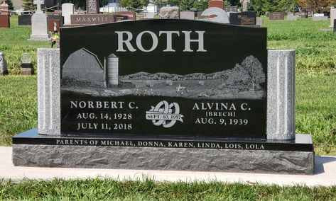 This custom monument has a full-length laser etched farm scene with the addition of 2 contrasting color columns, the scene even has Alvina's favorite cookbook on the right Double Headstone Ideas, Headstones Designs, Headstone Ideas, Cheap Headstones, Grave Headstones, Tombstone Designs, Grave Markers, Favorite Cookbooks, Cones Crafts