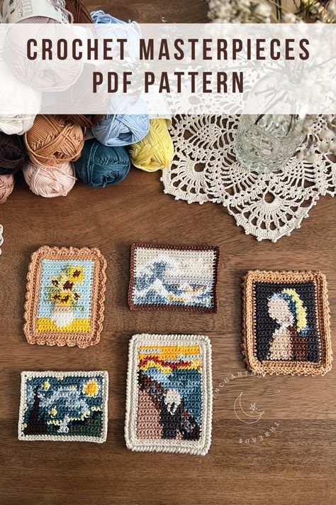 Van Gogh Crochet Pattern Free, Starry Night Crochet Pattern, Van Gogh Crochet Pattern, Crochet Van Gogh, Office Crochet, Knitting Project Ideas, Crochet Office, Pop Culture Crochet, Crochet Portrait