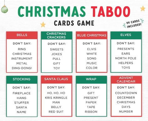 Christmas Taboo Game Family Party Game Printable Christmas - Etsy Christmas Family Cards, Christmas Eve Games, Taboo Game, Gift Exchange Games, Fun Christmas Party Games, Family Card Games, Staff Party, Christmas Games For Family, Christmas Jokes