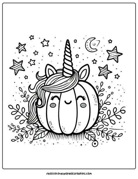 This delightful design showcases a charming pumpkin topped with a whimsical unicorn horn, surrounded by adorable star decorations. Class Fall Craft, Kid Halloween Coloring Pages, Pete The Cat Pumpkin Ideas, Printing Coloring Pages Free Printable, Halloween Pictures To Color For Kids, Halloween Coloring Printables Free, Halloween Colouring Pages For Kids, Halloween Free Coloring Printables, Pumpkin Feelings Activity