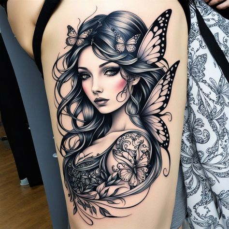 Graceful Black Ink Fairy Elegant fairy with detailed butterfly wings and flowing hair, surrounded by cleanly inked stars and flowers for a magical effect. 🖤🌟 #TattooDesign #FairyInk #BlackInkTattoo #ElegantArt #BlackInkDesign #SophisticatedArt #tattooinspirationworld #tattooartist #tattoodesign #tattooart #tattooideas #ink #inktattoo #handmade #custom #artoftheday #artofthebody #creative #instaart #instagood #picoftheday #instadailypost #stunning #beautiful #femininetattoo #inspiration... Butterfly Fairy Tattoo, Corpse Bride Tattoo, Mother Nature Tattoos, Brides With Tattoos, Sophisticated Art, 3d Tattoos, Fairy Tattoo, Wrist Tattoos For Women, Corpse Bride