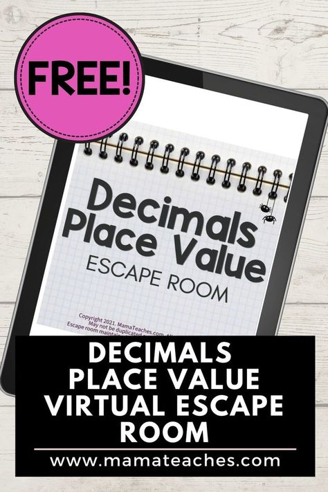 Give your fourth, fifth, and sixth grade students some decimal place value math skills practice with this FREE digital escape room! It quizzes them on tenths through millionths and includes a free answer sheet for them and a free answer key for you! Visit MamaTeaches.com to see all of our FREE virtual escape rooms! Place Value Decimals Activities, Decimal Place Value Games, Decimal Place Value Activities, Adding Decimals Activity, Rounding Decimals Activities, Place Value Decimals, Decimal Activities, Decimals Place Value, Decimal Fractions