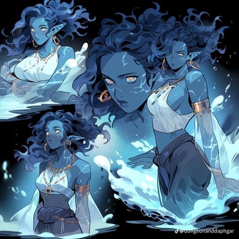 Coastal Druid Dnd, Dnd Water Genasi Female Druid, Water Hair Character, Blue Skinned Character Female, Water Genasi Female Sorcerer, Sea Witch Character Design, Siren Dnd Character, Water Genasi Female Druid, Blue Skin Character Design