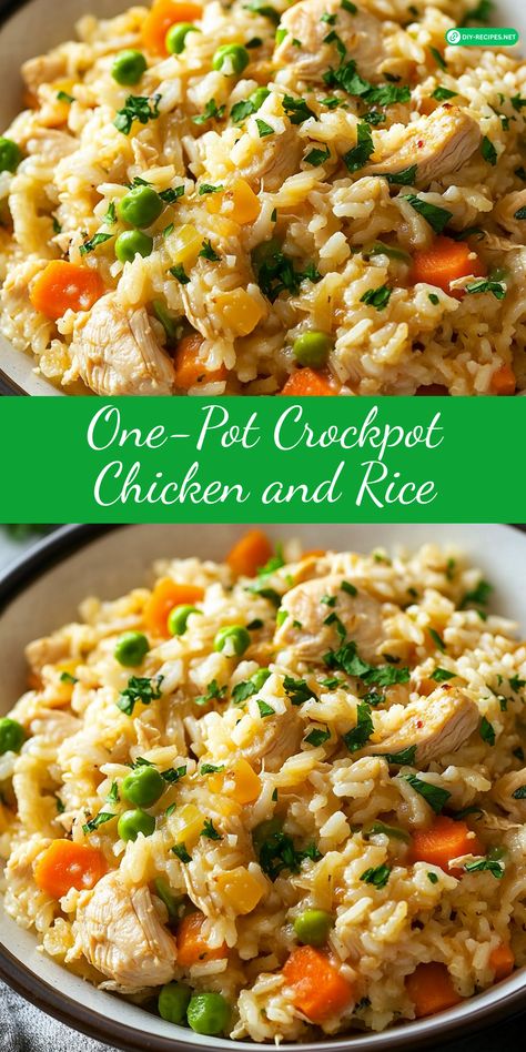 This One-Pot Crockpot Chicken and Rice is a lifesaver for busy nights! Just toss in the ingredients and let the slow cooker do the work. Easy and delicious! Crock Pot Chicken And Wild Rice, Slow Cooker Rice Casserole, Chicken Rice Veggies Crockpot, Chicken N Rice Crockpot, Slow Cooker Chicken Rice Recipes, Chicken Rice Slow Cooker Recipes, Chicken Rice In Crockpot, Chicken And Rice In The Crockpot, Ground Chicken Slow Cooker Recipes