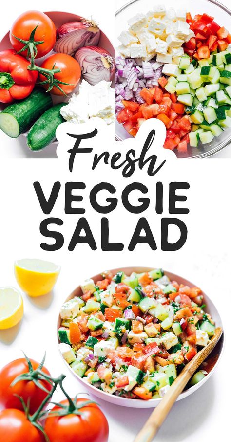 This Summer Vegetable Salad recipe is a quick mix of tomato, cucumber, pepper, and feta (among a few other way summery, healthy flavors). It's an easy side dish idea that takes just 10 minutes, is gluten-free, and is perfect for bringing along to summer BBQs and potlucks. #salad #summer #vegetarian #glutenfree #tomato Healthy Low Calorie Dinner, Vegetable Salad Recipes, Vegetarian Recipes Lunch, Vegetarian Salad Recipes, Healthy Vegetarian Dinner, Vegetarian Lunch, Veggie Salad, Summer Vegetable, Vegetarian Recipes Dinner