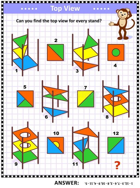 Visual math puzzle - find the top view for colorful abstract stands vector illustration Best Brain Teasers, Visual Perception Activities, Maths Games, Math Riddles, Daycare Activities, Math Methods, Book Stand, Maths Puzzles, Skill Training