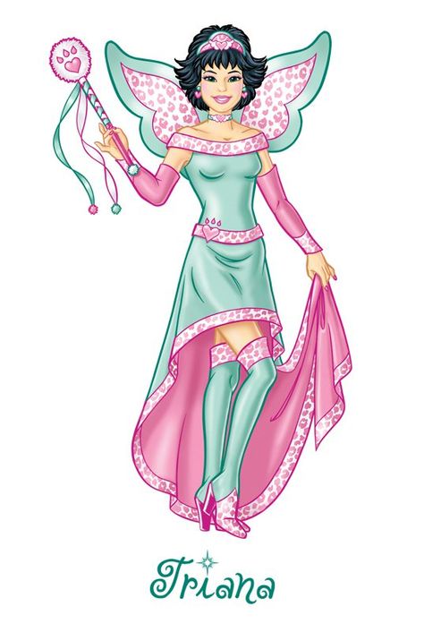 A 2D image of Triana, whose name is under her feet in green letters. She has warm beige skin, emerald green eyes, and short, shaggy black hair. She's wearing a pink crown with a mint trim, a mint choker with a pink heart and angel wings, a mint dress with a white and pink leopard print shoulder band, belt, and trim, and mint knee-high heeled boots. She has pink arm sleeves, a pink wand with a white and pink paw print topper and two tassles, and matching leopard print wings with a mint trim. Art Fantasy, Character Inspo, Tooth Fairy, Fantasy Fashion, Mythical Creatures, Childhood Memories, Illustrations, Fashion Design, Pins