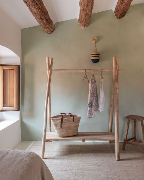 Green Limewash Wall, Green Limewash, Limewash Wall, Mallorca House, Wood Clothing Rack, Limewash Walls, Wood Clothing, Built In Sofa, Inspiring Interiors