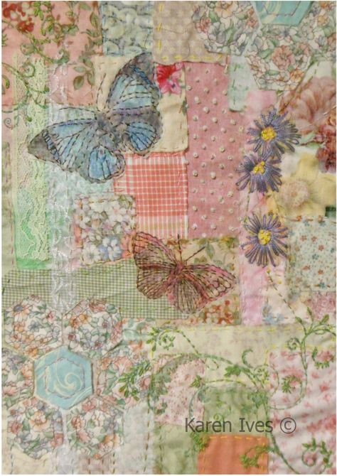 Vintage Garden patchwork and embroidery Quilt Embroidery, Fabric Stitching, Baskets Ideas, Crazy Patchwork, Crazy Quilting, Fabric Journals, Bird Embroidery, Sew Easy, Embroidery Patterns Vintage