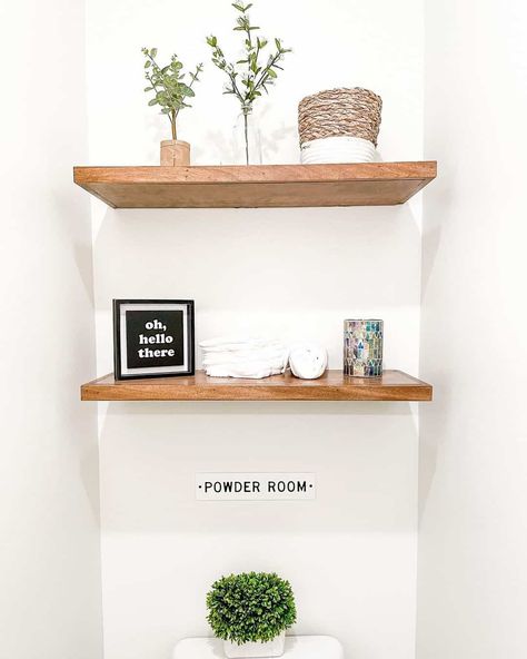 Wood Floating Shelves in Minimalist White Powder Room - Soul & Lane Powder Room Shelves, White Powder Room, Floating Wood Shelves, Modern Powder Room, Black Sign, Double Front Doors, Compact Powder, Faux Greenery, Minimalist White