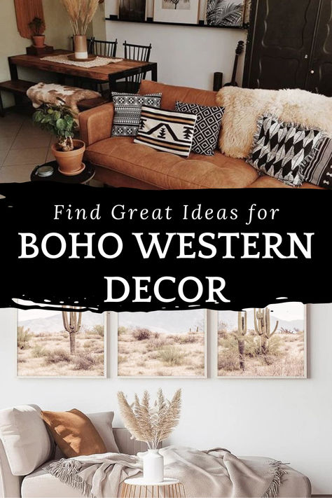 boho decor ideas for boho living room and boho interior bedroom Living Room Ideas Western Boho, Southwest Western Decor, Boho Desert Living Room, Living Room Western Boho, Western Inspired Decor, Arizona Decorating Ideas, Western Style Decorating Ideas, Boho Ranch Style Decor, Boho Southwestern Bedroom