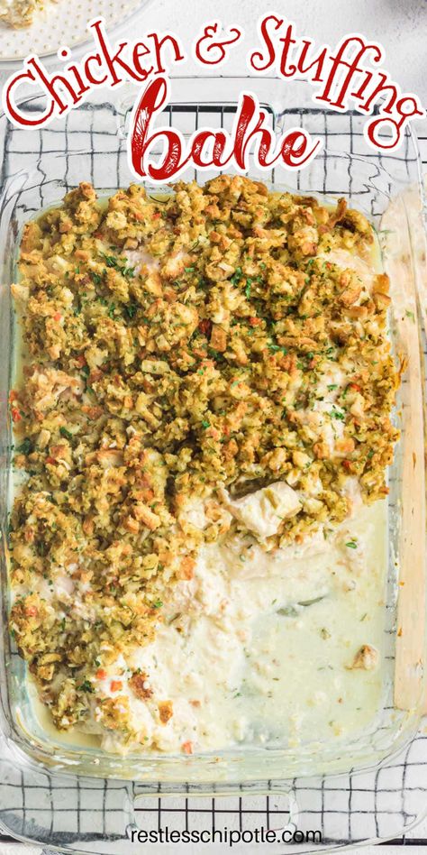 Chicken Bake Stuffing, Chicken Gravy Casserole, Chicken Stuffing Bake Recipes, Chicken Casserole With Greek Yogurt, Chicken Stuffing Gravy Casserole, Easy Chicken Casserole Recipes Stuffing, Chicken Topped With Stuffing, One Pan Chicken And Stuffing Bake, Stuffing Topped Chicken