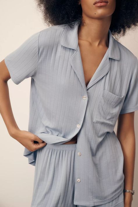 Eberjey Gisele Shortie Short Pajama Set | Anthropologie Women’s Pajama Sets, Pajama Set Aesthetic, Sleepwear Women Nightwear, Knit Pajamas, Women Sleepwear, Pajama Outfits, Nighty Night, Blue Fits, Night Wear