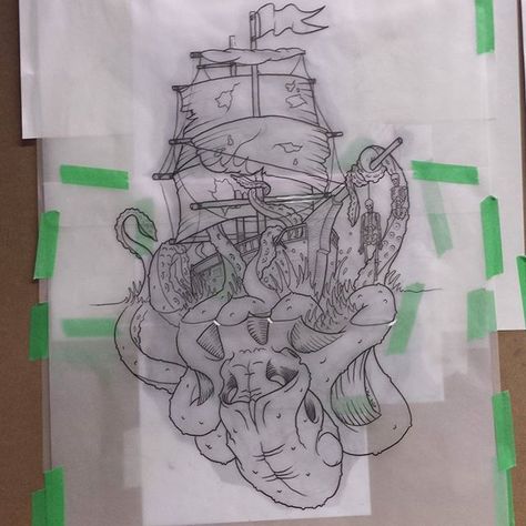 #kraken #ship #pirateshiptattoo #seamonster #tattooapprentice Kraken Ship Drawing, Kraken And Ship Drawing, Viking Kraken Tattoo, Pirate Ship Kraken Tattoo, Kraken Ship Tattoo, Kraken And Ship Tattoo, Ship And Kraken Tattoo, Storybook Mural, Ocean Mythology