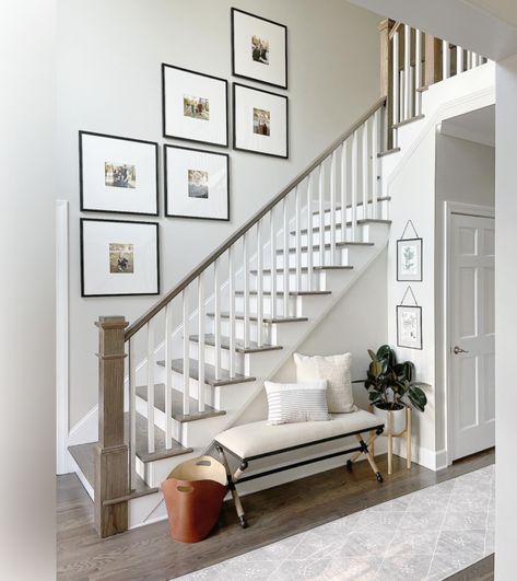 Stair Wall In Living Room, Entryway Stair Wall Decor, Hanging Pictures Along Staircase, Large Photos On Staircase Wall, Decor On Staircase Wall, Stairway Canvas Gallery Wall, Wall On Stairs Ideas, Style Staircase Wall, Stairways Wall Decor