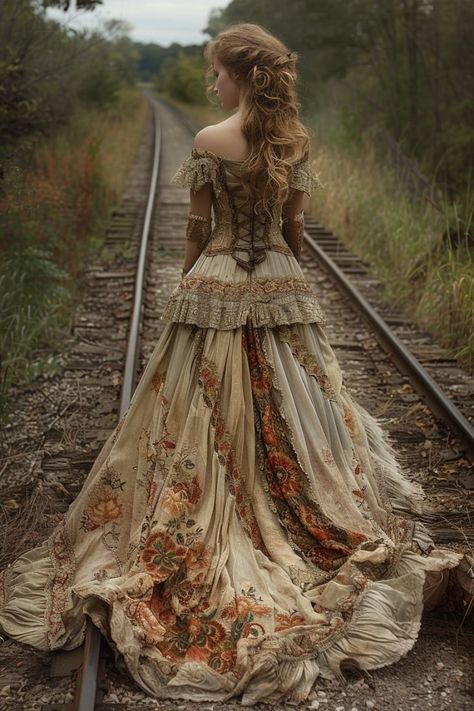 Steam Punk Wedding Dresses, Forest Dress Aesthetic, Ethereal Gown Fairytale, Old Fashioned Dresses, Pirate Wedding Dress, Punk Wedding Dresses, Fancy Ball Gowns, Steampunk Wedding Dress, Victorian Era Dresses