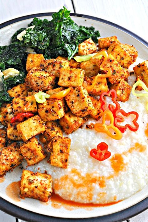 Vegan Cajun Tofu with Creamy Grits and Greens - Rabbit and Wolves Cajun Tofu, Grits And Greens, Vegan Cajun, Creamy Grits, Tofu Recipes, Vegan Condiments, Tempeh, Vegan Foods, Grits