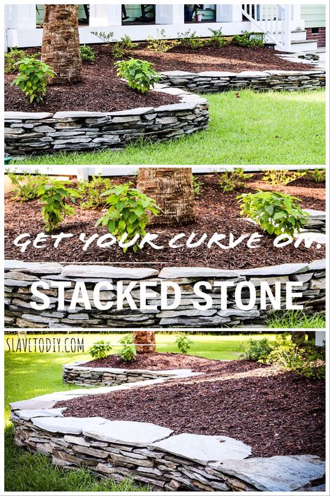 Stacked Flagstone Landscaping, Stacked Stone Edging Flower Beds, Flagstone Edging Landscape, Fieldstone Landscaping Ideas, Stacked River Rock Wall, Stacked Rock Flower Bed, Stone Edge Landscaping, Dry Stack Stone Wall Curved, Stacked Stone Landscaping Front Yards