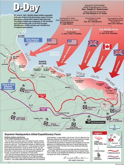 Map of the Battle of Normandy: This map shows the routes that the 160,000 Allied soldiers took and which division each Allied country sent to fight. It also shows the areas on the coast of France these troops fought at on D-Day. Perang Dunia Ii, D Day Normandy, Battle Of Normandy, Normandy Landings, Military Tactics, D Day Landings, Historia Universal, College Board, Teaching History