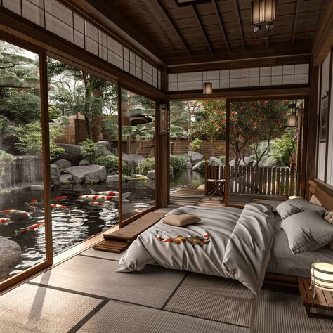 Zen Den: Japanese Style Bedroom Design with Koi Pond View Modern Zen Bedroom, Bedroom Furniture Placement, Japanese Style Bedroom, Restful Bedrooms, Japanese Bedroom, Tatami Room, Peaceful Bedroom, Zen Den, 70s House