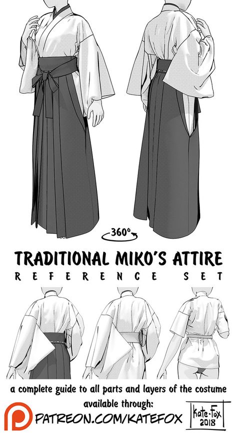 Traditional miko's attire reference set by Kate-FoX Japanese Traditional Clothing, 일본 패션, Mode Kimono, Clothing Sketches, Fox Illustration, Poses References, Anime Drawings Tutorials, Drawing Clothes, Japanese Outfits